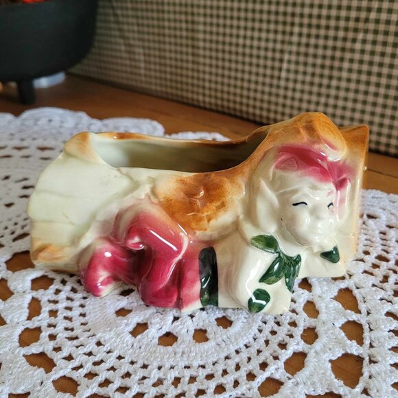 Vintage Porcelain Trinket Planter - Elf Pixie Gnome Wood Log - Picture 1 of 11